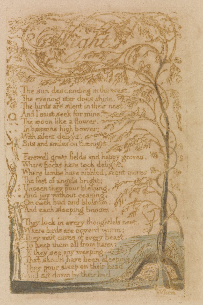 Nat, plade 16 fra Songs of Innocence, 1789 (reliefradering med wc på papir) af William Blake