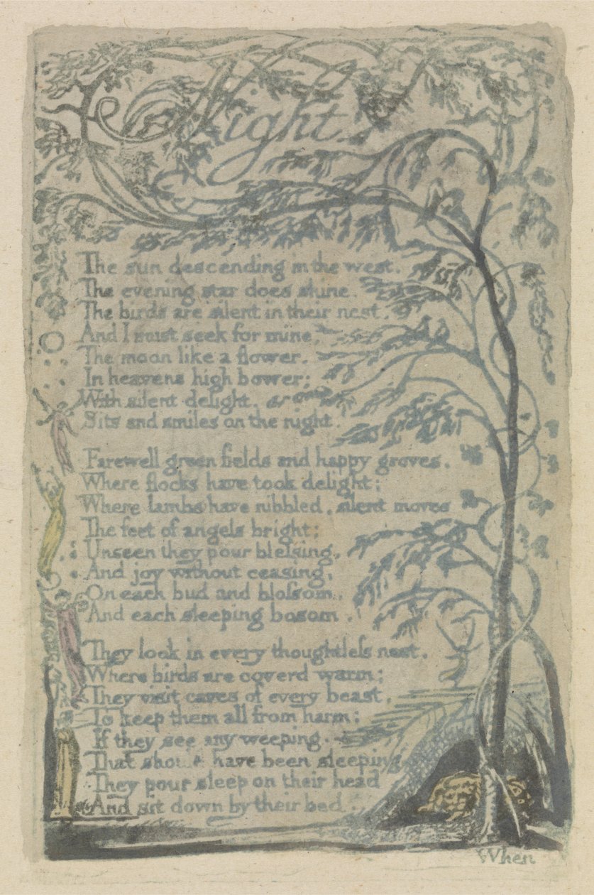 Nat, plade 29 fra Songs of Innocence, 1789 (håndfarvet relief ætsning med akvarel) af William Blake