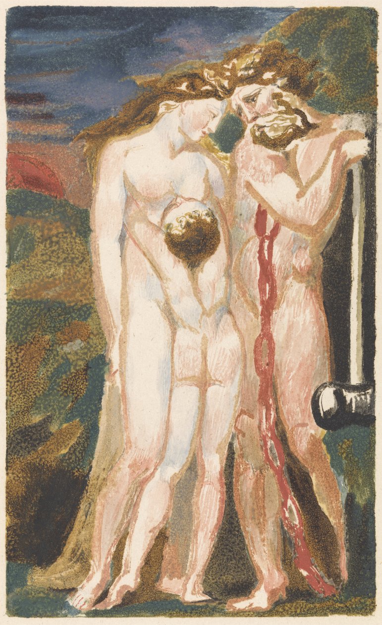 Nøgen kvinde ser ned på en dreng og til højre, en skægget mand lænet op på en hammer, plade 18 fra The First Book of Urizen, 1794 (farvetrykt relief ætsning med blæk og wc på papir) af William Blake