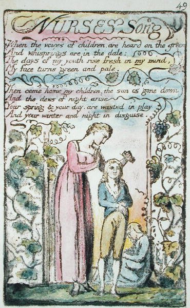 Nurses Song, plade 49 (Bentley 38) fra Songs of Innocence and of Experience (Bentley Copy L) 1789-94 (hævet radering med pen og wc) af William Blake