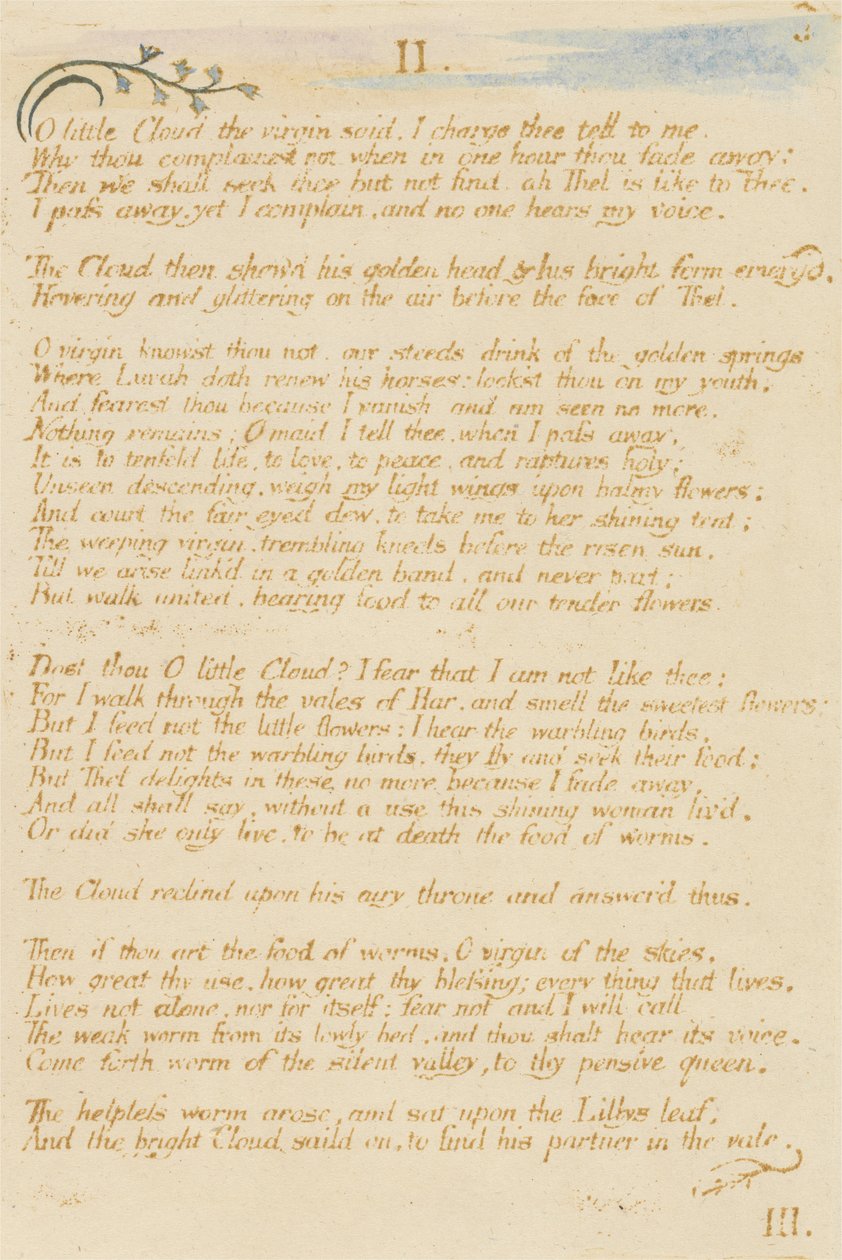 O lille sky..., plade 5 fra The Book of Thel, 1789 (reliefætsning trykt i brunt med wc) af William Blake