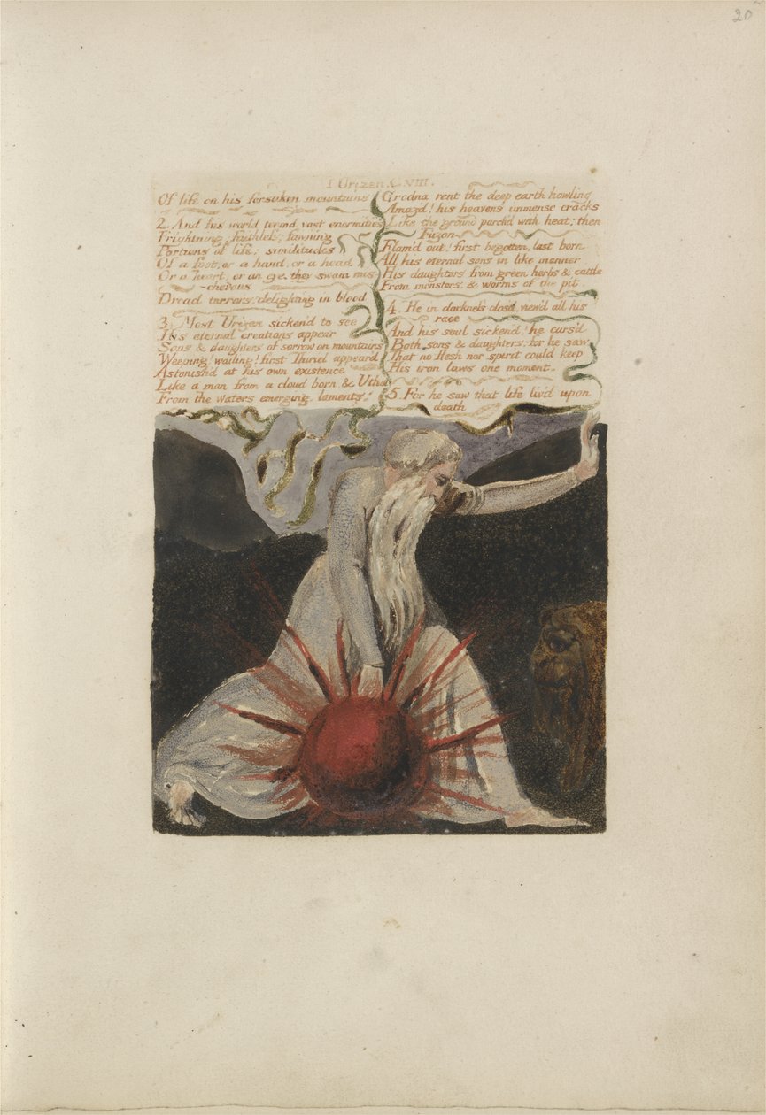 Af livsforladte bjerge..., plade 24 fra The First Book of Urizen, 1794 (farvetrykt relief ætsning med blæk og wc på papir) af William Blake
