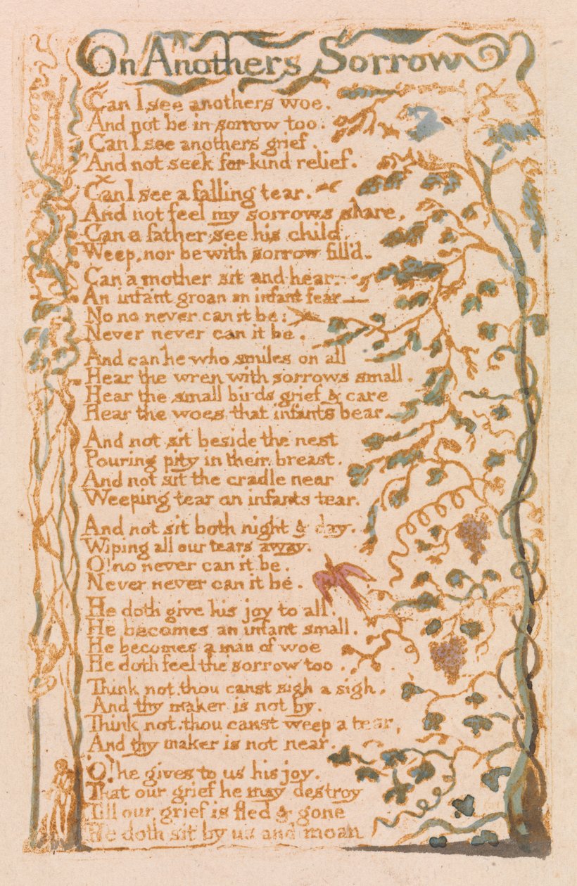 On Anothers Sorrow, plade 24 fra Songs of Innocence, 1789 (reliefradering med wc) af William Blake