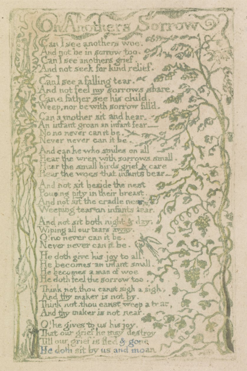 On Anothers Sorrow, plade 7 fra Songs of Innocence, 1789 (håndkoloreret relief ætsning med akvarel) af William Blake