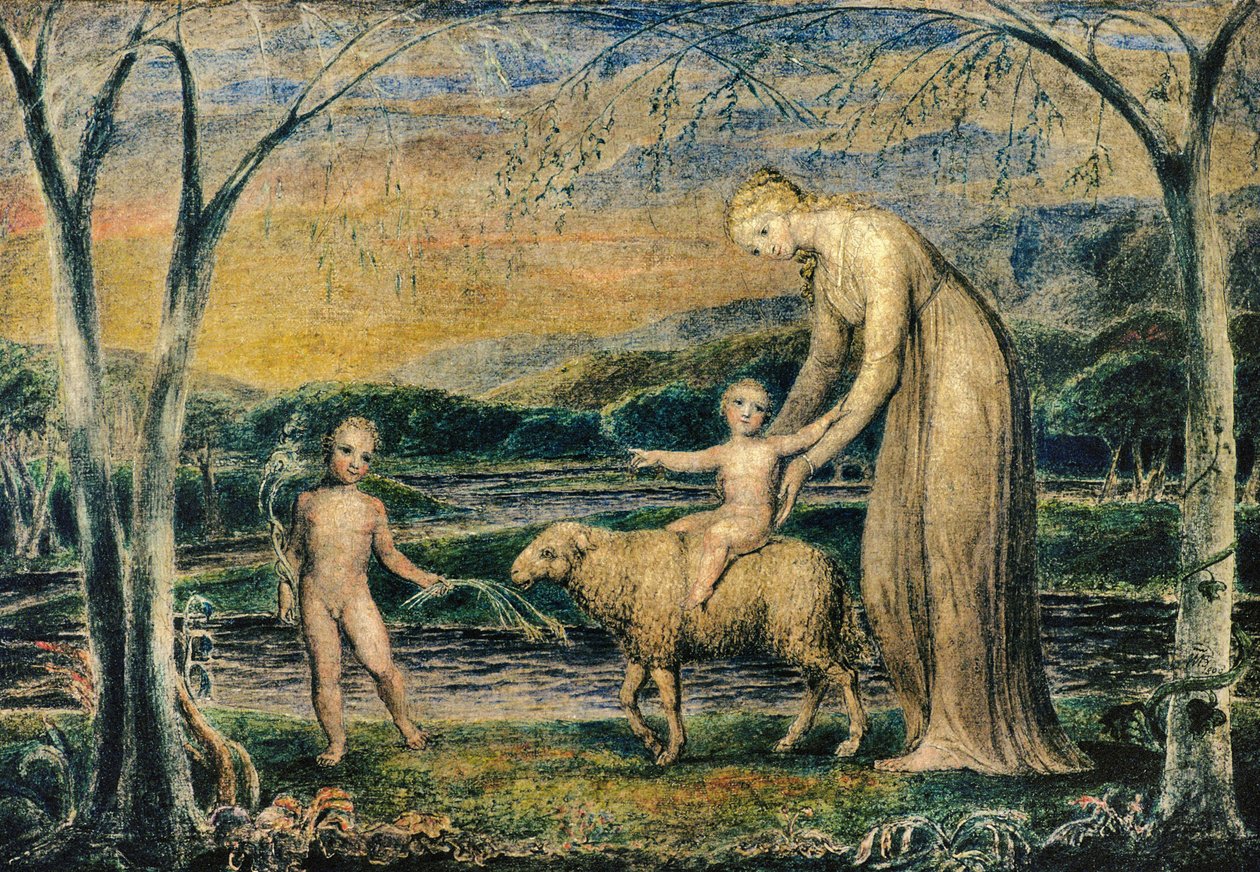 Vor Frue med Jesusbarnet rider på et lam med Johannes, 1800 (tempera) af William Blake