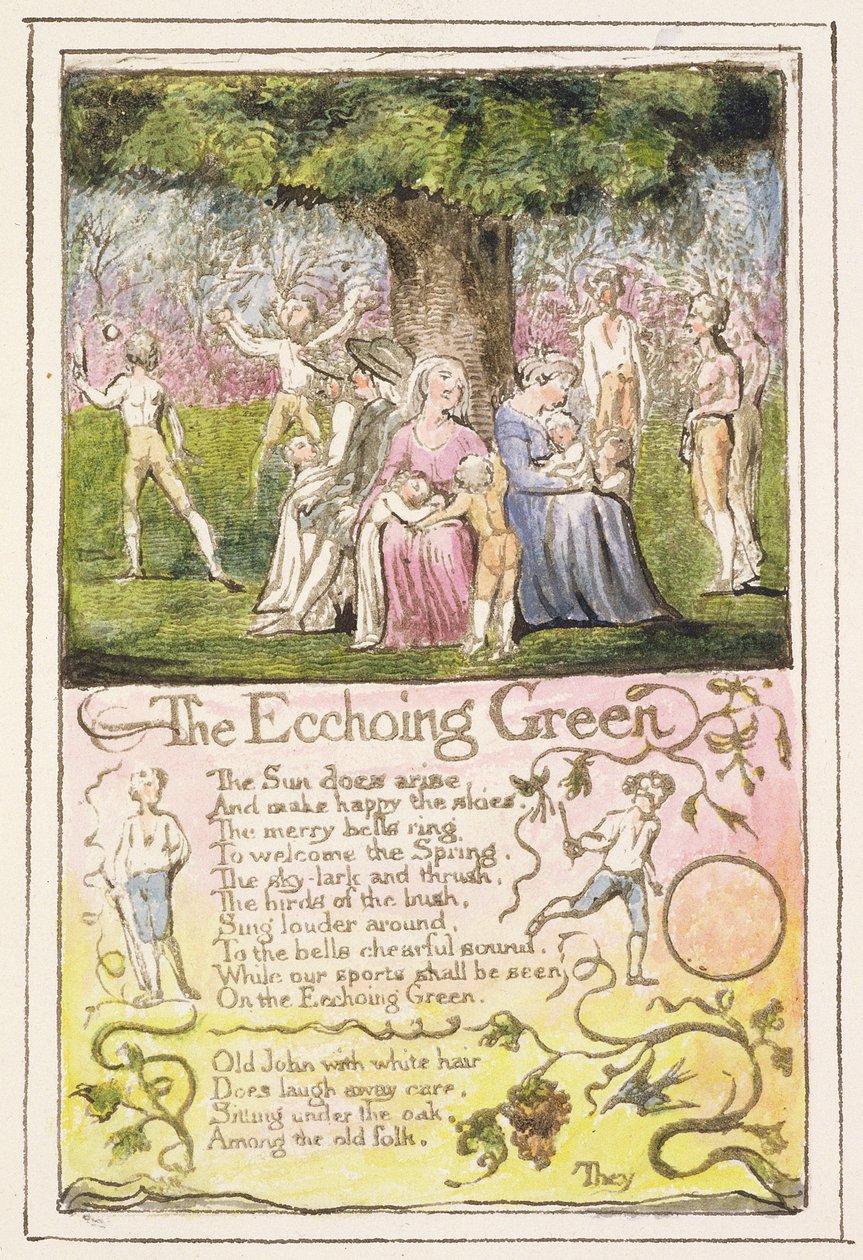 P.124-1950.pt5 The Echoing Green: plade 5 fra Songs of Innocence and of Experience (kopi R) c.1802-08 (ætsning, blæk og wc) af William Blake