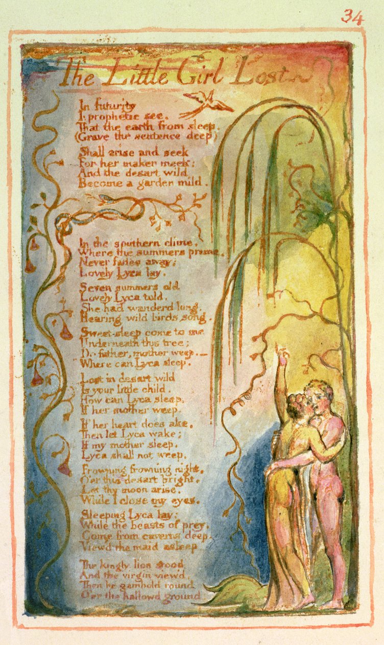 P.125-1950.pt34 Den fortabte lille pige: plade 34 fra Songs of Innocence and of Experience (kopi AA) ca.1815-26 (radering, blæk og wc) af William Blake