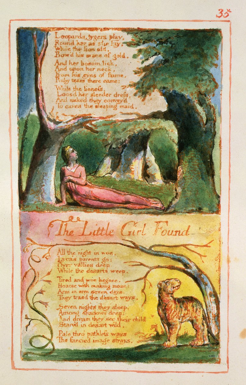 S.125-1950.pt35 Den lille pige fundet: plade 35 fra Songs of Innocence and of Experience (kopi AA) c.1815-26 (radering, blæk og wc) af William Blake