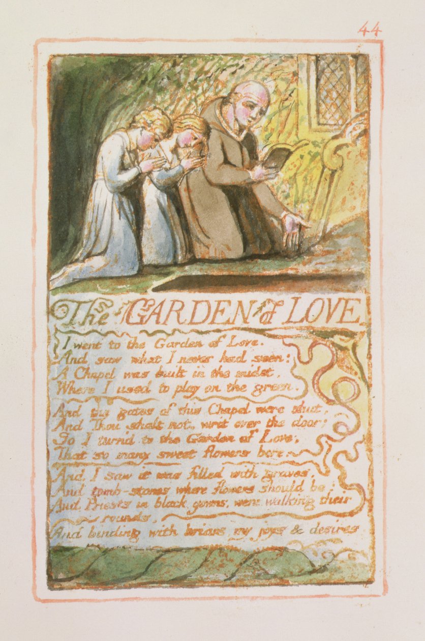 P.125-1950.pt44 Kærlighedens have: plade 44 fra Songs of Innocence and of Experience (kopi AA) ca.1815-26 (radering, blæk og wc) af William Blake