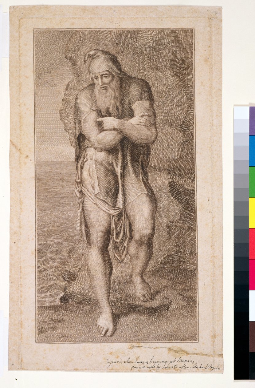 P.391-1985 Joseph af Arimathea blandt klipperne i Albion, (1. stat), 1773 (ætsning og streggravering farvet med brunt blæk) af William Blake