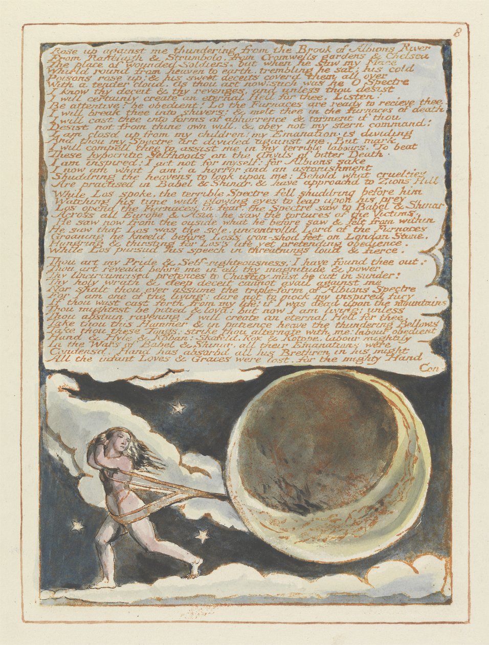 Rose up against me..., plade 8 fra Jerusalem, 1804-20 (reliefætsning trykt i orange med pen & wc) af William Blake