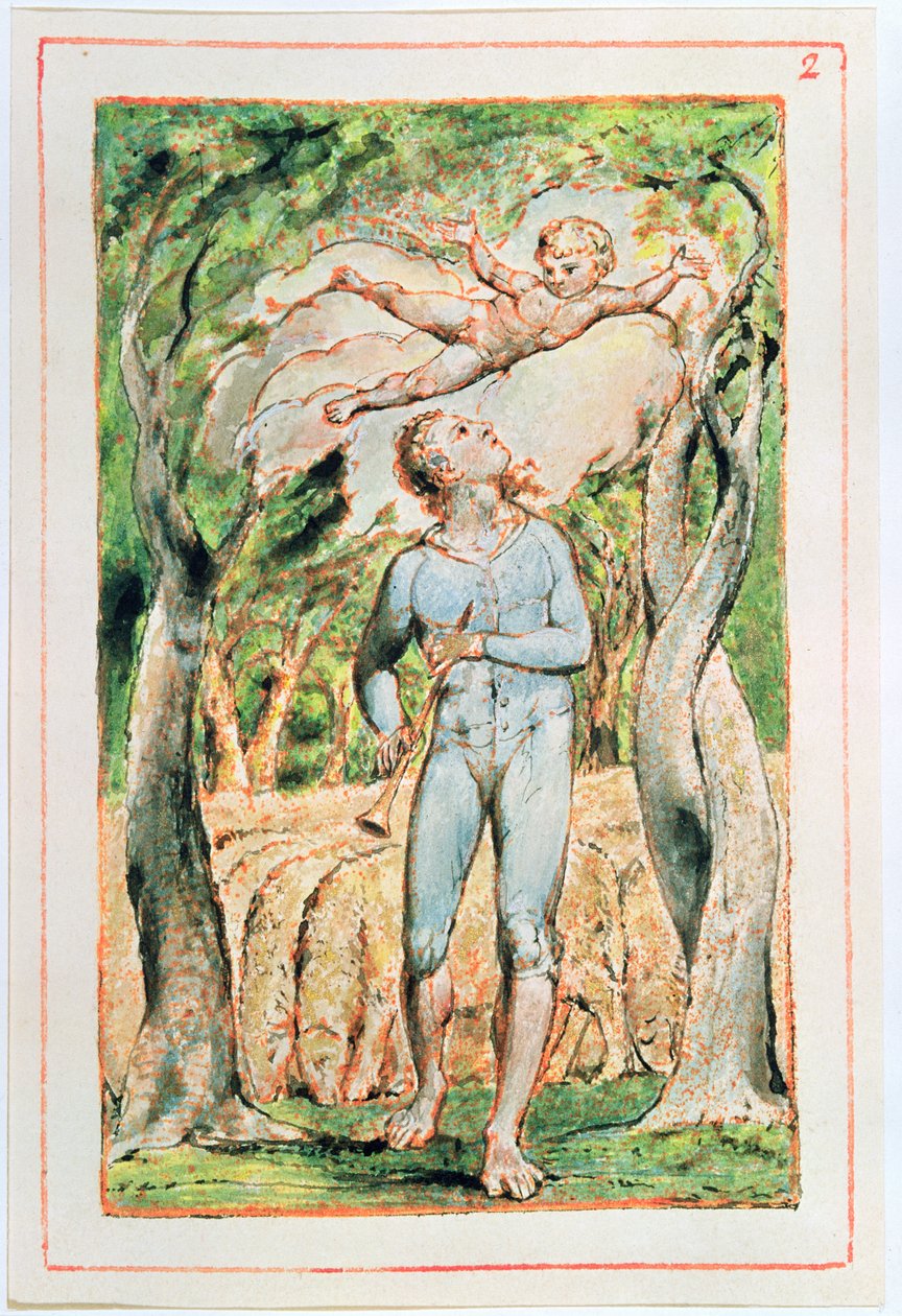 Sange om uskyld; the Piper (frontispice), 1789 (relief-ætsning, tonet med wc) af William Blake