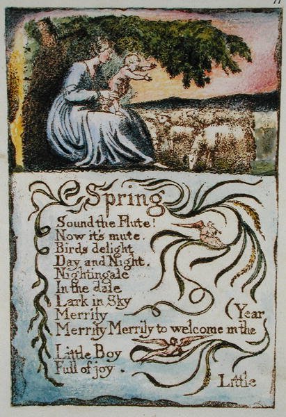 Spring, illustration fra Songs of Innocence and of Experience, (Bentley Copy L) pl.11 (Bentley 22) 1789-04 (reliefradering med pen & wc på papir) af William Blake