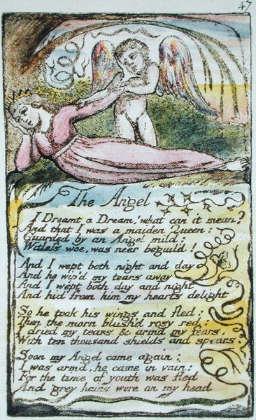 Englen, plade 47 (Bentley 41) fra Songs of Innocence and of Experience (Bentley Copy L) 1789-94 (hævet radering med pen og wc) af William Blake