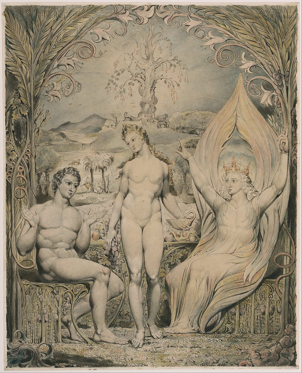 Ærkeenglen Raphael med Adam og Eva (illustration til Miltons Paradise Lost) af William Blake