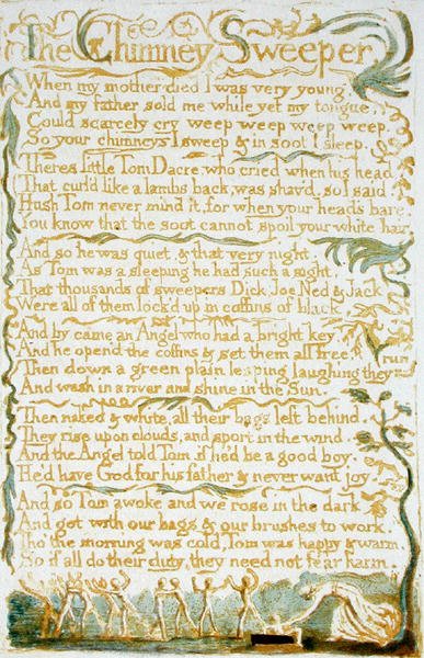 Skorstensfejeren, plade 13 fra Songs of Innocence, 1789 (reliefradering med wc på papir) af William Blake