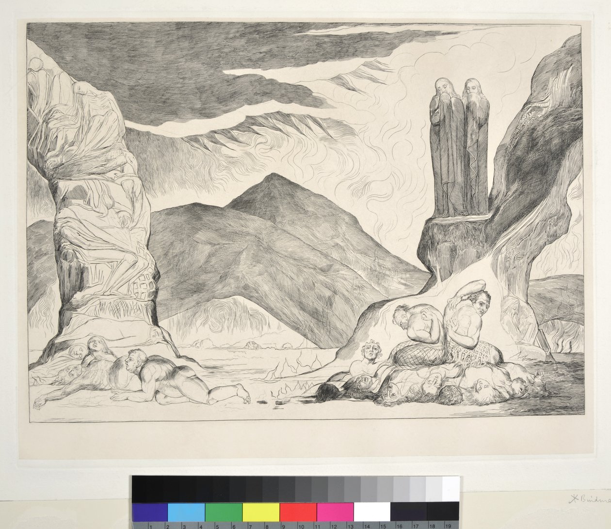Cirkelen af falskmøntnere: Dante og Vergil holder sig for næsen på grund af stanken, Inferno, Canto XXIX, illustration til "Den guddommelige komedie" af Dante Alighieri, 1827 af William Blake
