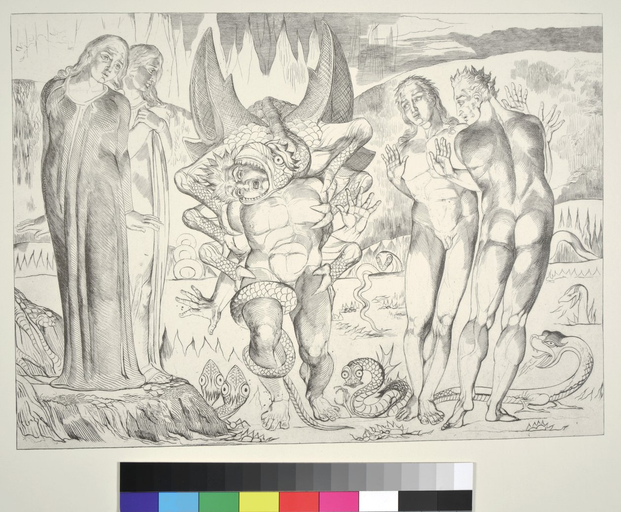 Tyvenes kreds: Agnolo Brunelleschi angrebet af en seksfodet slange, Inferno, Canto XXV, illustration til 