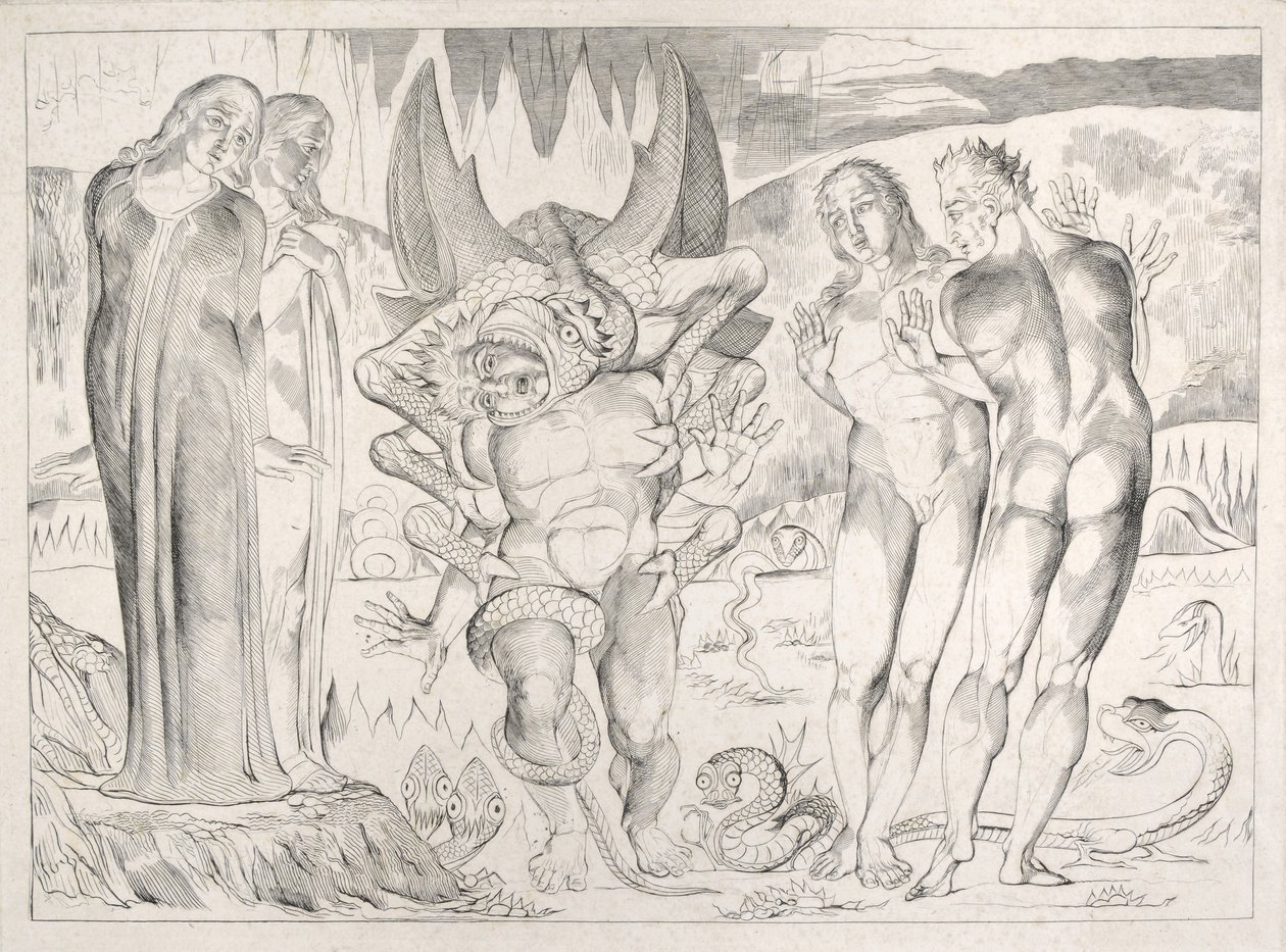 Tyvenes kreds: Agnolo Brunelleschi angrebet af en seksfodet slange-inferno, Canto XXV, illustration til 