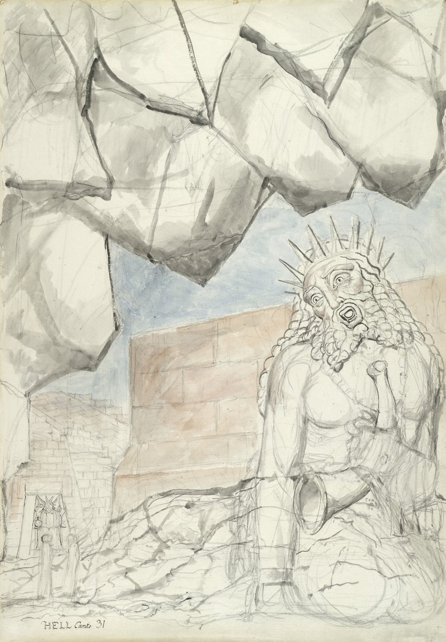 The Complaint of the Giant Nimrod, illustration til den guddommelige komedie af Dante Alighieri, 1824-27 (pen & blæk med wc over blyant og kridt på papir) af William Blake