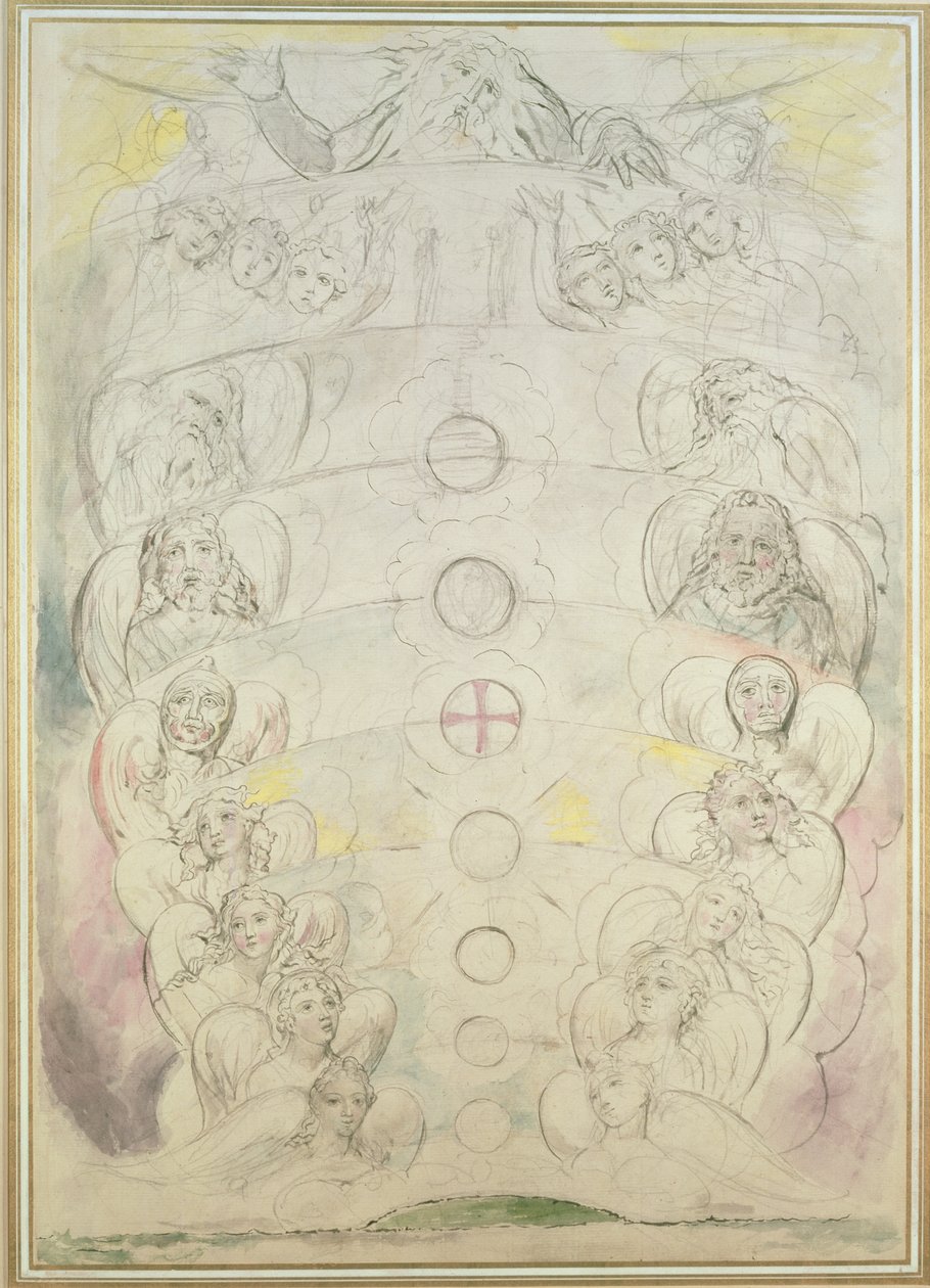 Guddommen fra hvem der går de ni sfærer, 1700-tallet (wc, blyant, pen og blæk på papir) af William Blake