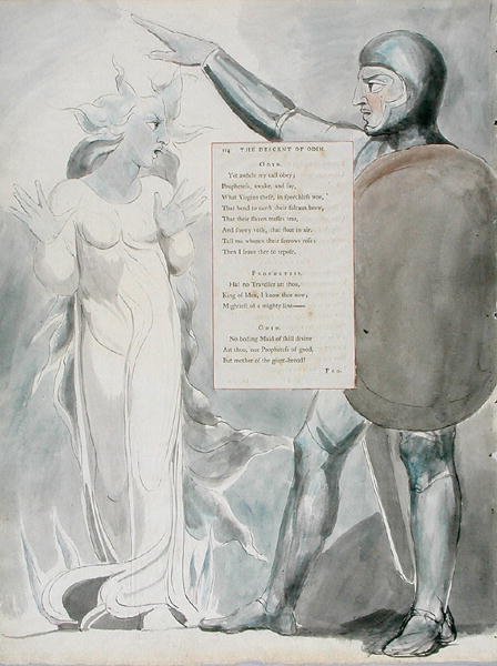 The Descent of Odin, design 84 fra The Poems of Thomas Gray, 1797-98 (wc med pen og blæk på papir) af William Blake
