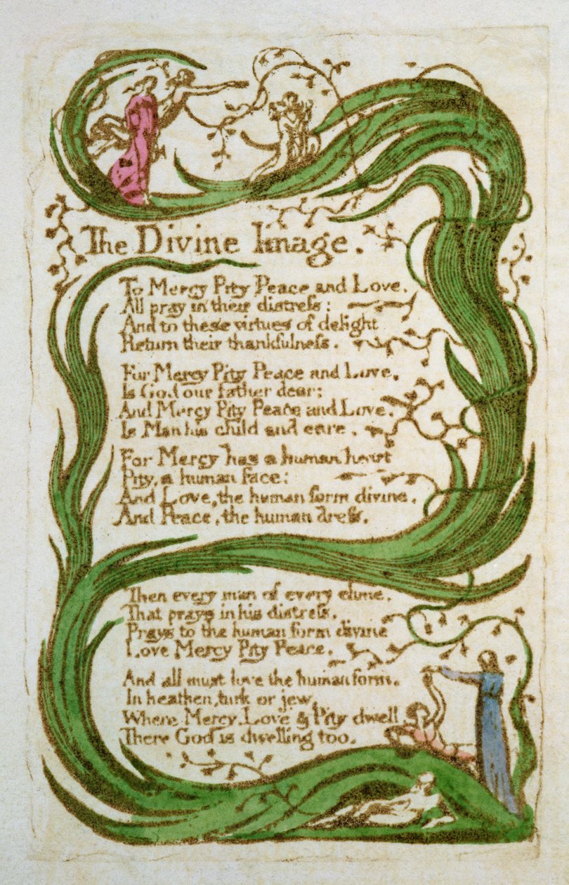 The Divine Image, fra Songs of Innocence, 1789 (farvet radering) af William Blake
