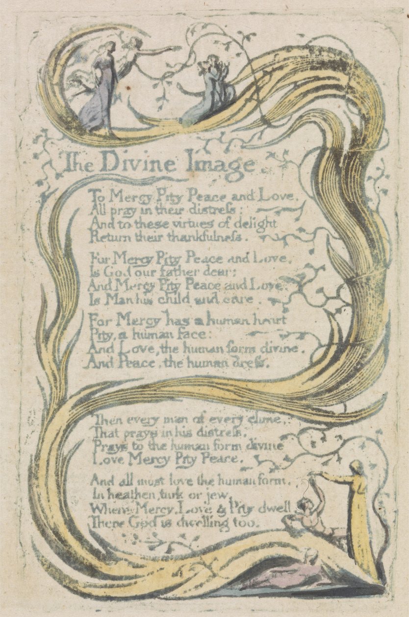The Divine Image, plade 23 fra The Songs of Innocence, 1789 (håndfarvet relief ætsning med akvarel) af William Blake