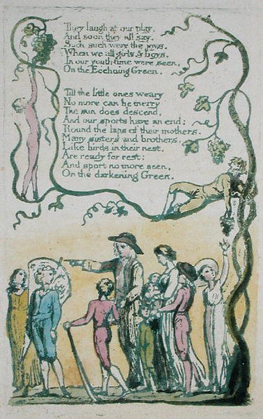 The Echchoing Green, and They laugh at our play..., plate 8 from Songs of Innocence, 1789 (håndfarvet relief ætsning med akvarel) af William Blake