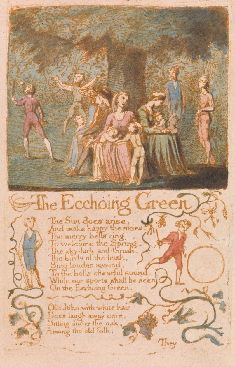 The Echchoing Green, plade 10 fra Songs of Innocence, 1789 (reliefradering med wc på papir) af William Blake