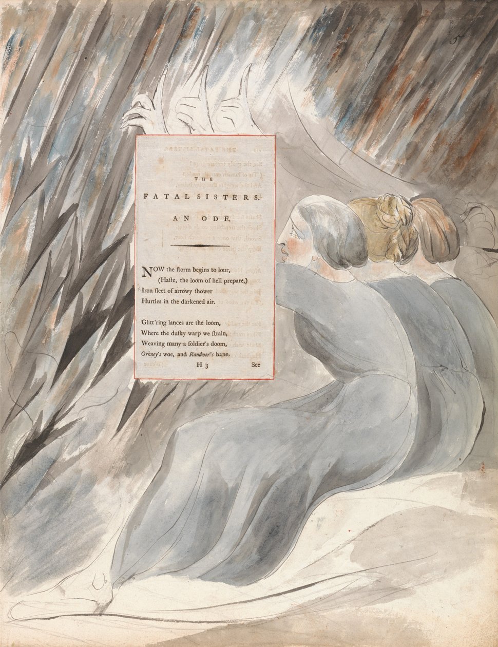 The Fatal Sisters, design 71 fra The Poems of Thomas Gray, 1797-98 (wc med pen og blæk på papir) af William Blake