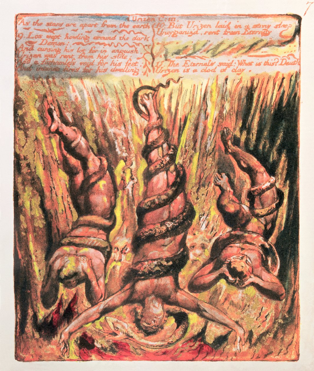 Urizens første bog; Da stjernerne er adskilt fra jorden, 1794 (farvetrykt relief ætsning) af William Blake