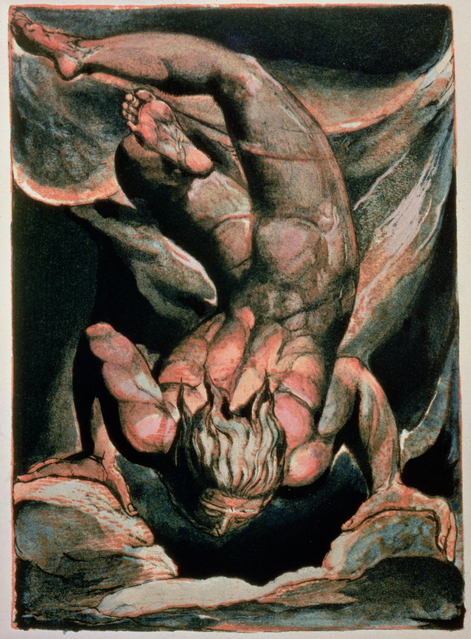 Urizens første bog; Mand svævende på hovedet, 1794 (farvetrykt relief ætsning) af William Blake