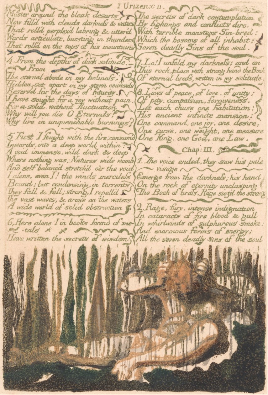 Den første bog af Urizen, plade 4, mønstre omkring de dystre desarts. . . . (Bentley 4) af William Blake