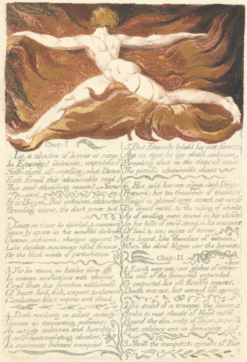 The First Book of Urizen, plade 3, kapitel I I. Lo, a shadow.., 1794 (relief ætsning med wc) af William Blake