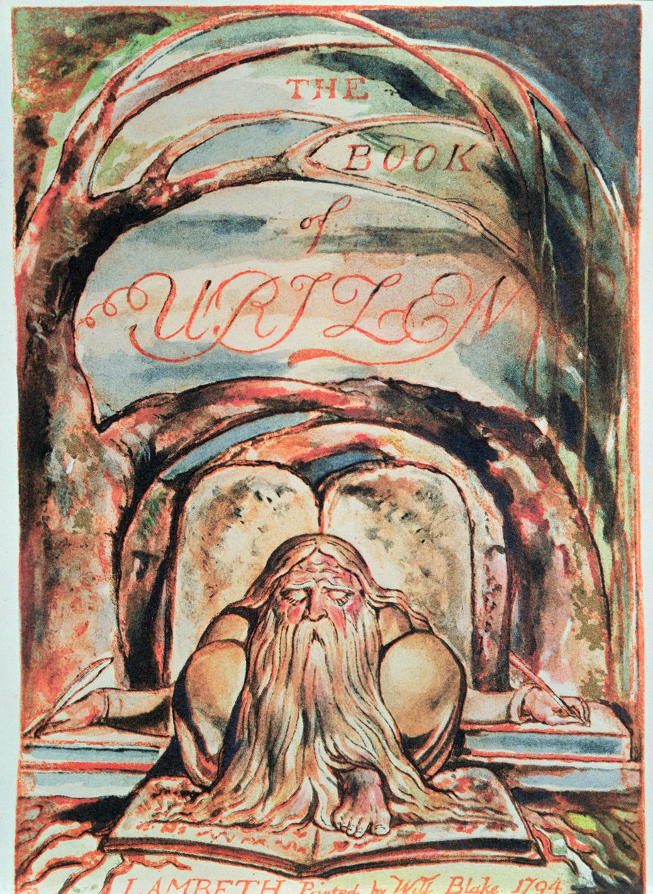 Urizens første bog; titelblad, der viser Urizen (der repræsenterer legemliggørelsen af uoplyst fornuft) siddende under Mysteriets træ og skriver 
