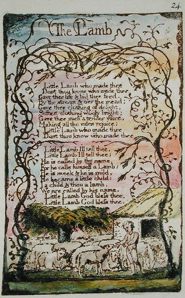 Lammet, illustration fra Songs of Innocence and of Experience, (Bentley Copy L) pl.24 (Bentley 8) 1789-94 (reliefradering med pen & wc på papir) af William Blake