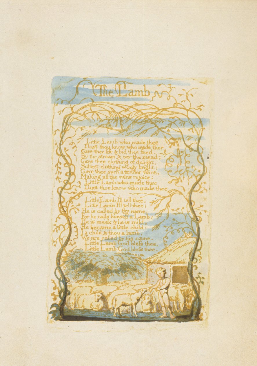 "Lammet", planche 8 fra "Songs of Innocence", 1789 (reliefradering med wc på papir) af William Blake