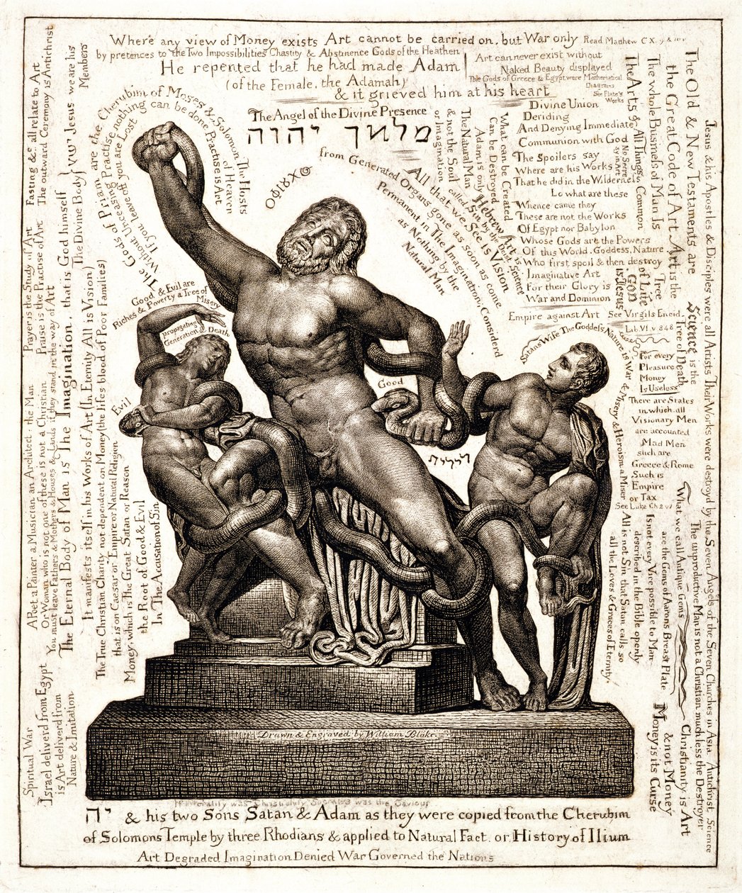 Laocoon som Jehova med Satan og Adam, ca. 1820 (stregsnit) af William Blake