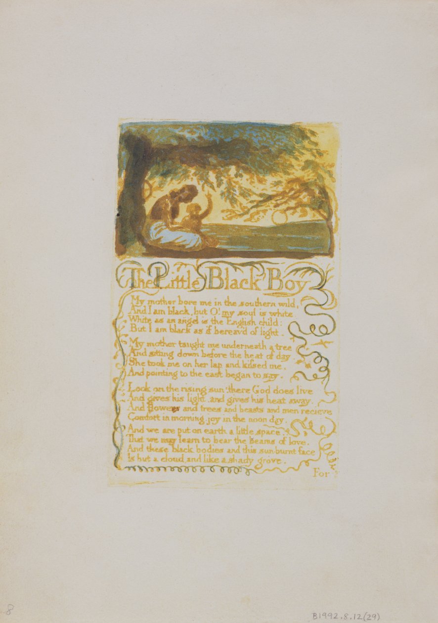 The Little Black Boy, plade 29 fra Songs of Innocence, 1789 (relief radering med wc) af William Blake