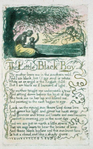 The Little Black Boy, plade 5 fra Songs of Innocence, 1789 (håndfarvet reliefradering med wc på papir) af William Blake