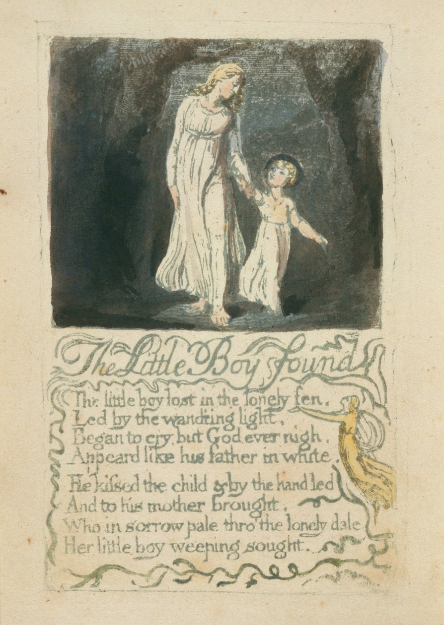 The Little Boy Found, plade 16 fra Songs of Innocence, 1789 (håndfarvet relief ætsning med akvarel) af William Blake