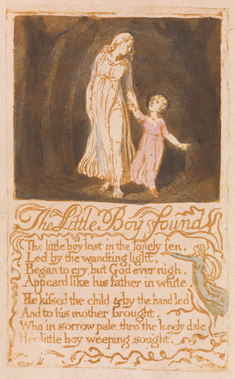 The Little Boy Found, plade 21 fra Songs of Innocence, 1789 (relief radering med wc) af William Blake