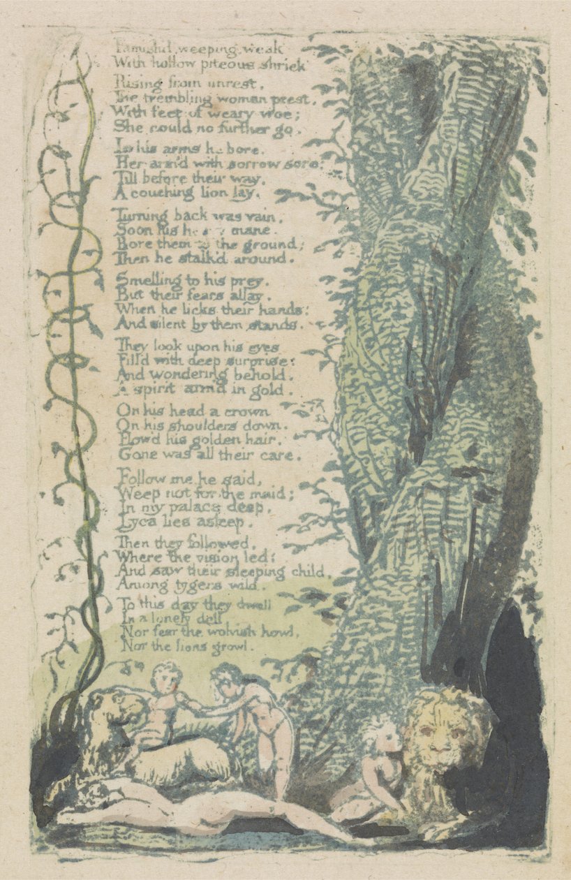 The Little Girl Found, and Famishd weeping..., plade 2 fra The Songs of Innocence, 1789 (håndkoloreret relief ætsning med akvarel) af William Blake