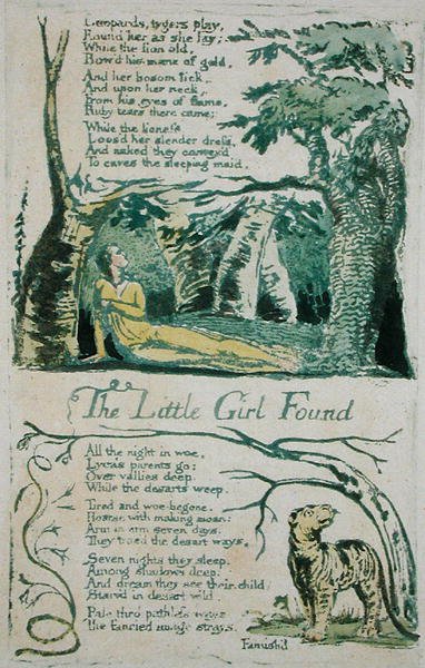 The Little Girl Lost and Leopards, tygers play..., and The Little Girl Found plate 20 from Songs of Innocence, 1789 (håndkoloreret relief radering med akvarel) af William Blake