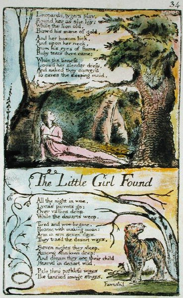 The Little Girl Lost and The Little Girl Found, plade 34 (Bentley 35) fra Songs of Innocence and of Experience (Bentley Copy L) 1789-94 (reliefradering med pen & wc) af William Blake