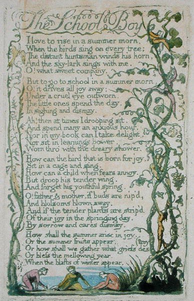The School Boy, tavle 12 fra Songs of Innocence, 1789 (håndfarvet relief ætsning med akvarel) af William Blake