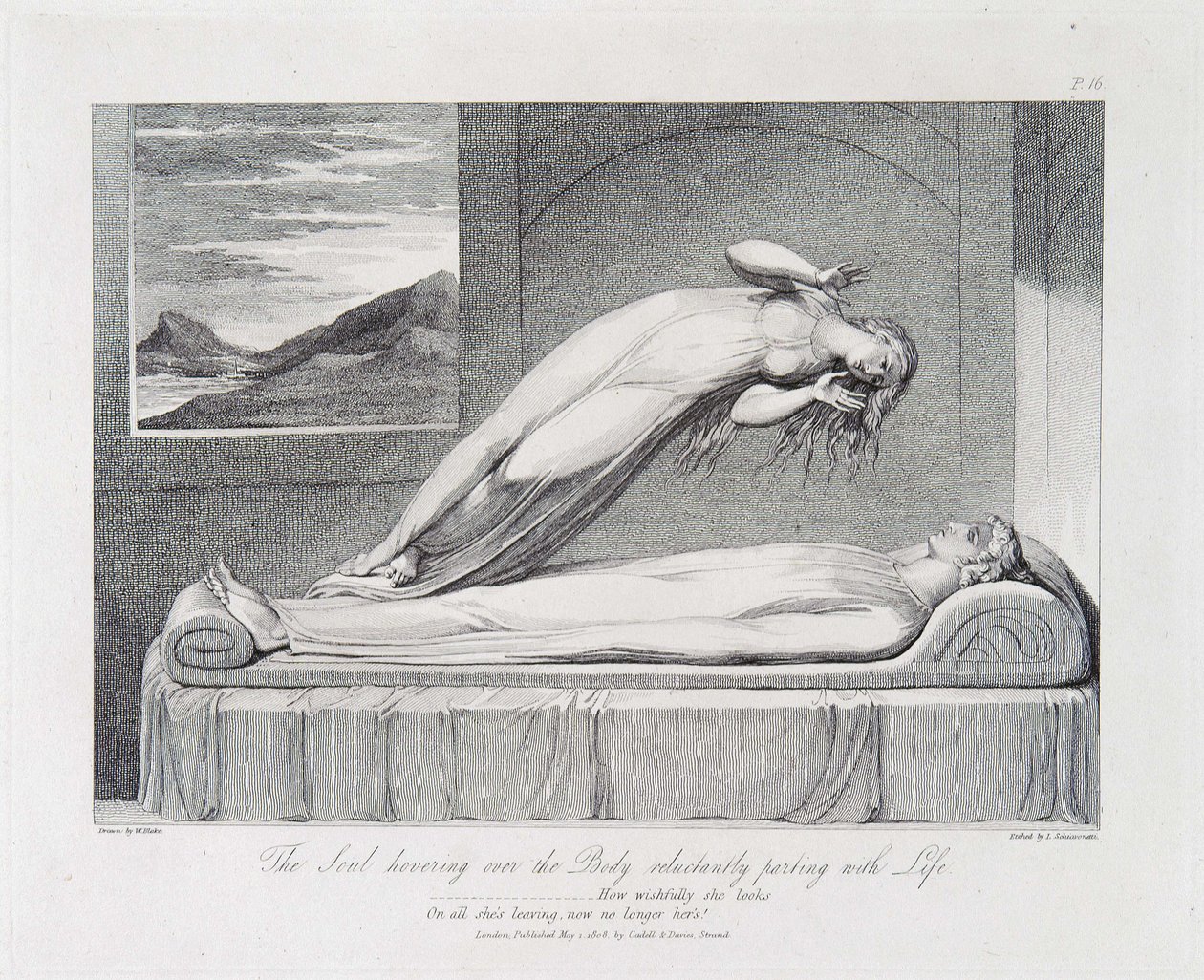 Sjælen, der svæver over kroppen, skiller sig nødigt af med livet af William Blake