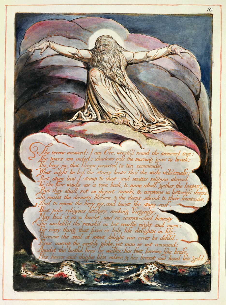 Terrorens svar, planche 8 fra "America, a Prophecy", 1793 (reliefradering og wc på papir) af William Blake