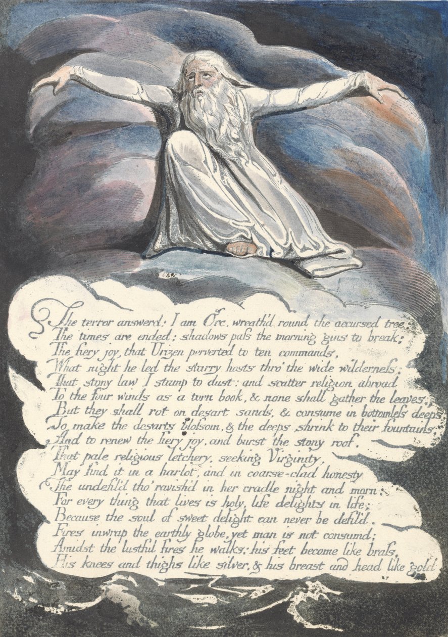 Terroren svarede..., plade 10 fra Amerika: A Prophecy, 1793 (reliefætsning trykt i sort med pen & blæk og wc) af William Blake